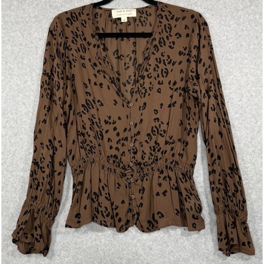 Cloth & Stone Blouse Women's Size Medium Black Brown Animal Print V-Neck Peplum